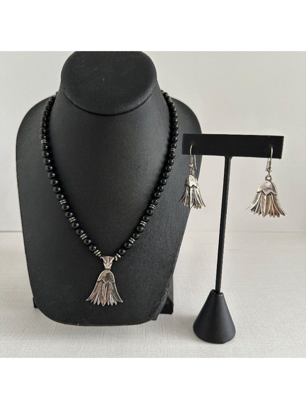 Sterling Silver Black Onyx Bead Necklace Earring Set, Squash Blossom Pendant, So